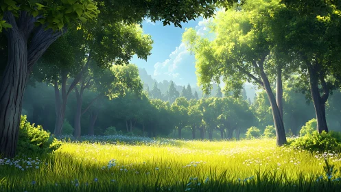 Sunlit Forest Clearing with Wildflowers and Cathedral Trees