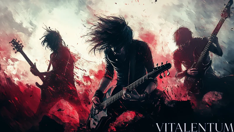 Kinetic rock trio in splattered chromatic turbulence onstage.