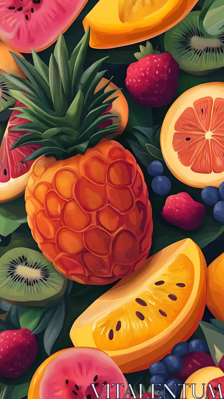 Fruit carnival swirls around a pineapple crowned in neon gloss