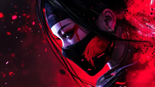 Digital painting portrait of masked cyber assassin in red field.