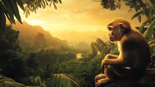 Golden hour monkey overlooks lush misty jungle valley.