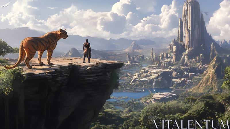 A Warrior Encounters a Majestic Tiger in a Breathtaking Fantasy World.