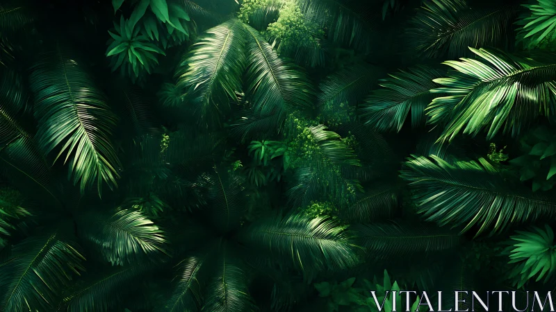 Dense overlapping palm foliage forms a structured canopy view