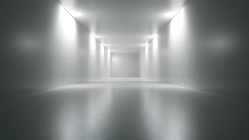 Minimalist white corridor stretches into a calm, silent void