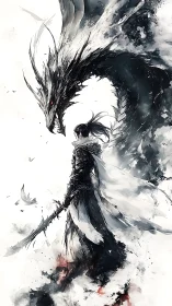 Dark warrior confronts spectral dragon amid swirling mist.