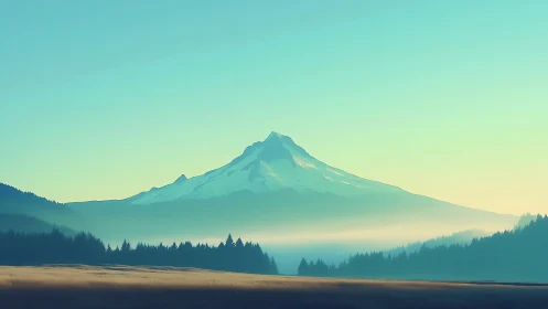 Sky-dusted peak rising above misty pines at dawn’s hush.