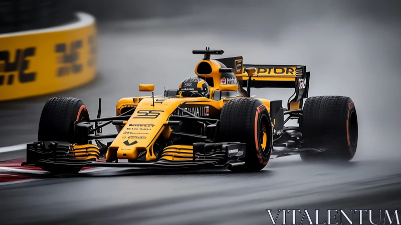 Rain-slicing yellow F1 beast carving misty asphalt arcs.