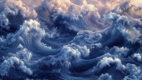 Velvet storm waves swirling under soft pastel sunrise.