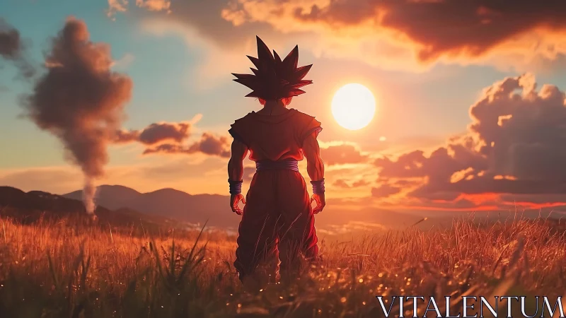 Backlit martial figure in hyperreal sunset field panorama.