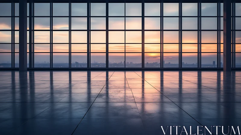 Parametric glass facade framing reflective sunset floor plane.