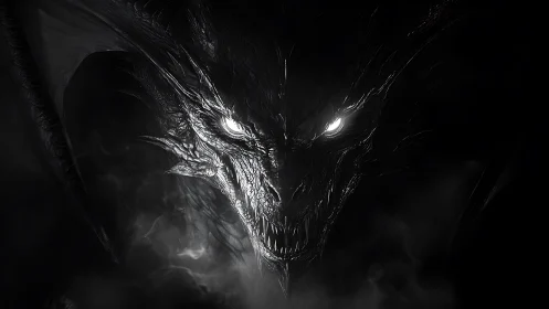 Monochrome close-up of a dark dragon head in smoke.