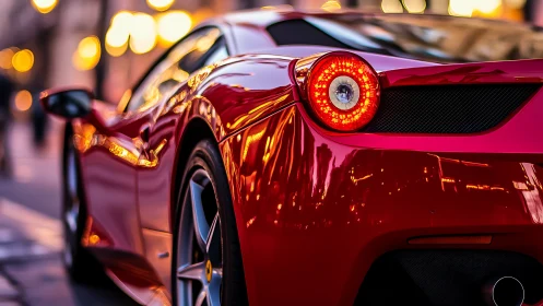 Red sports coupe rear view with urban street reflections.