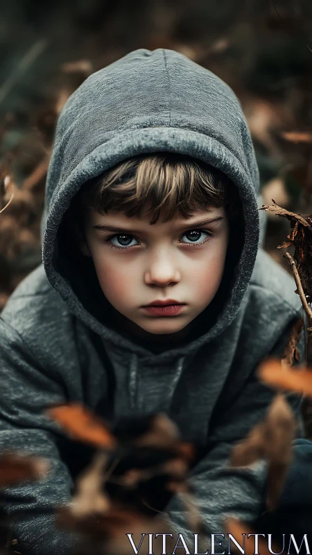 Child wearing gray knit hood in outdoor setting with foliage.