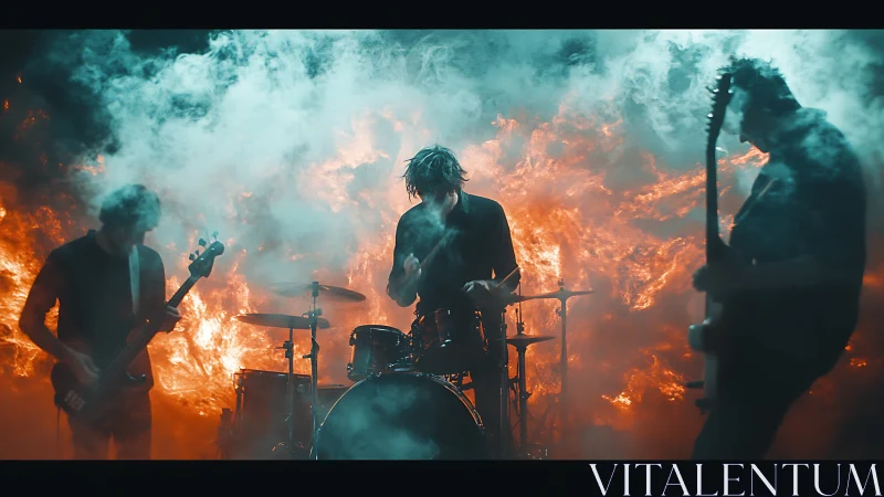 Rock Band Performance Among Raging Inferno.