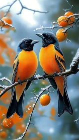 Hyperreal songbirds on frosted branch with orange fruit clusters
