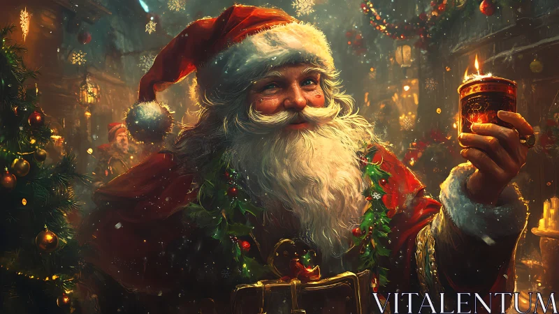 Santa holding candle in warm festive Christmas scene.