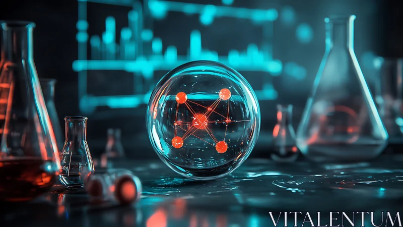 Neon atom oracle under glass in a glowing sci‑fi lab.