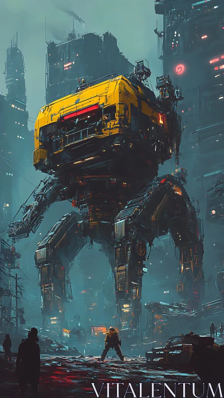 Giant yellow mech towering over cyberpunk city street.