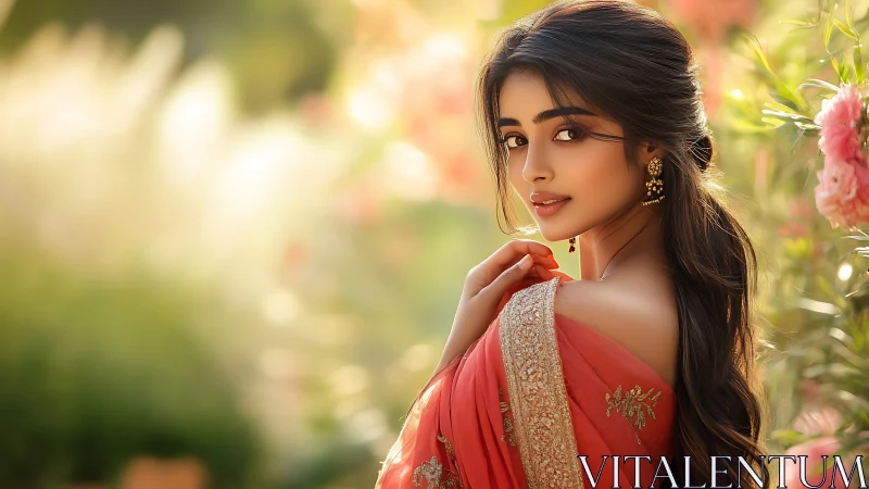 Woman in embroidered sari with soft garden background.