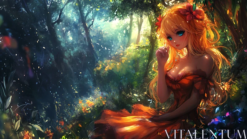 Forest daydream with a golden haired girl in warm light.