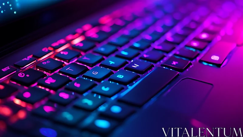 RGB backlit laptop keyboard in sharp colorful closeup.