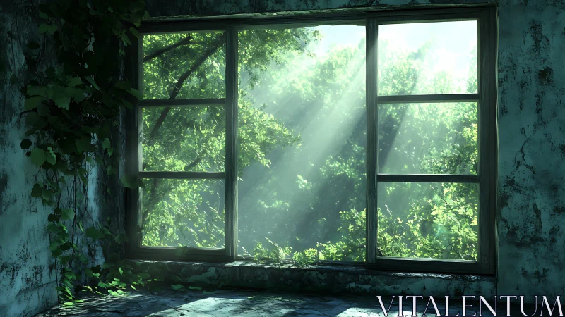 Sunlit forest spilling through a forgotten window frame.