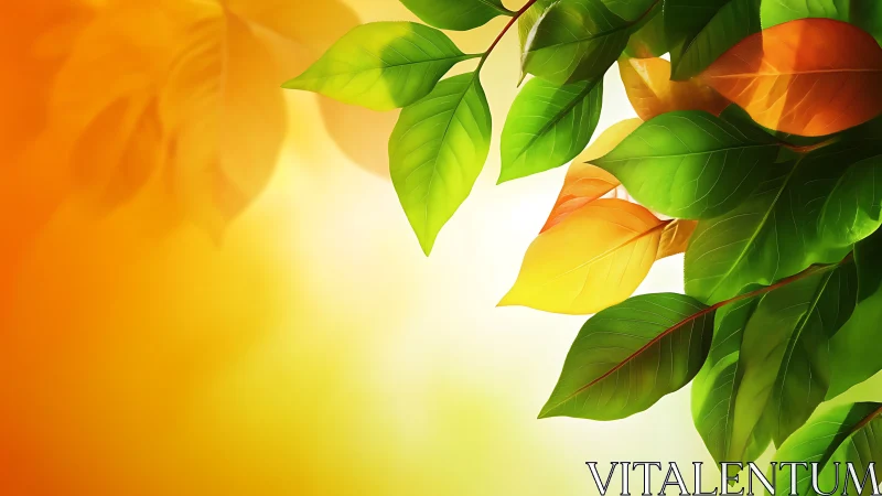 Sunlit green and golden leaves against glowing gradient sky.