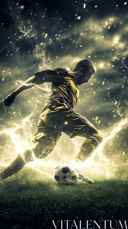 Dynamic soccer player striking ball in glowing energy storm.
