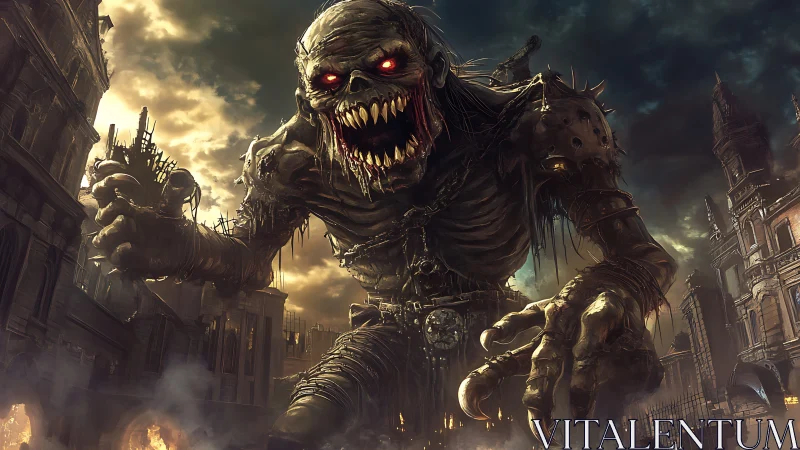 Nightmarish giant stalks a burning city in eerie detail