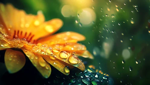 Golden Petals with Dew Drops in Soft Focus Ambient Light.