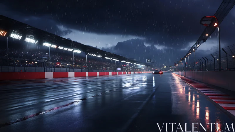 Night rain drenches a floodlit race track in tense silence