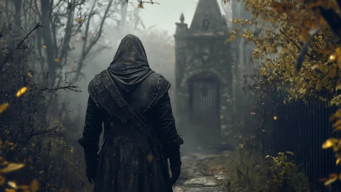 Hooded wanderer approaches fogbound gothic mausoleum gate.