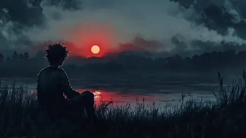 Silhouetted figure studies red sun over misty reflective lake horizon