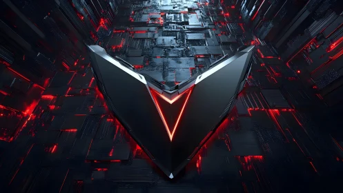 Futuristic metallic V emblem with glowing red accents, digital art.