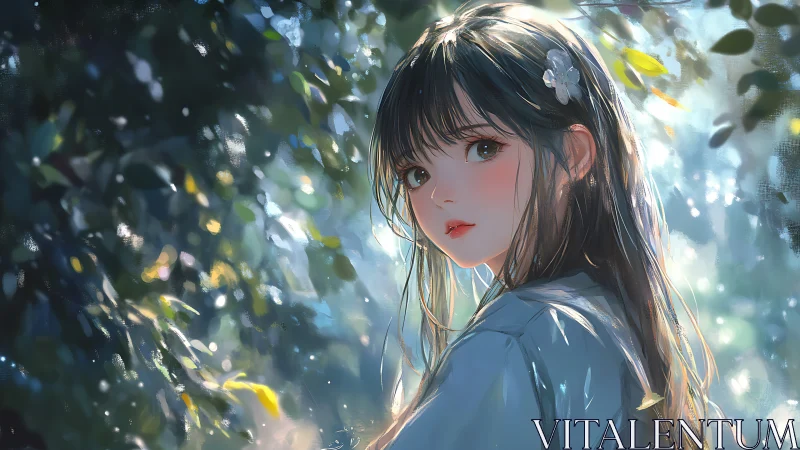 Forest-glimmer girl caught in a hush of painted sunlight.