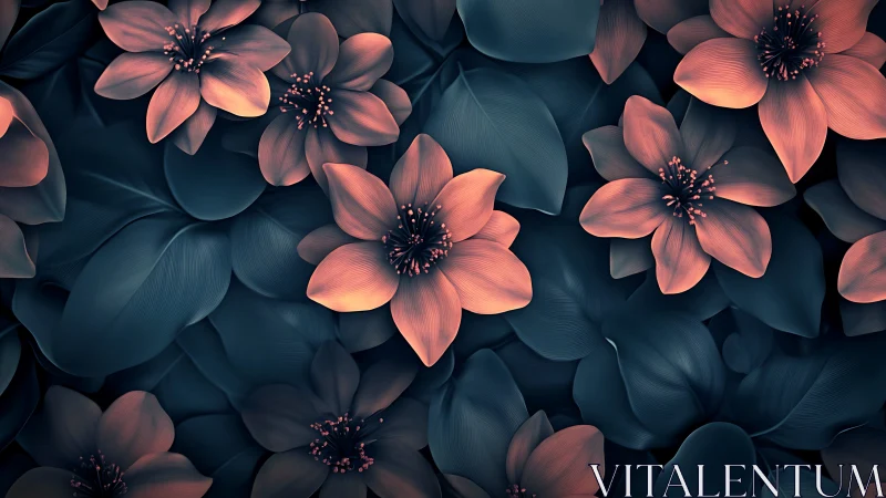 Coral Flowers on Dark Teal Leaves.