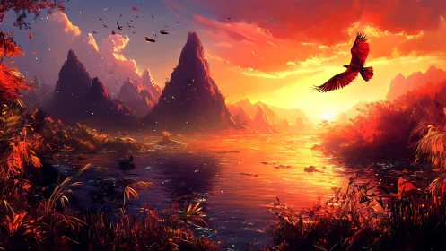 Fiery sunset river valley glows beneath soaring raptor.