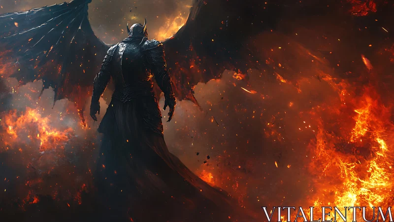 Dark winged warrior rises calmly within roaring firestorm