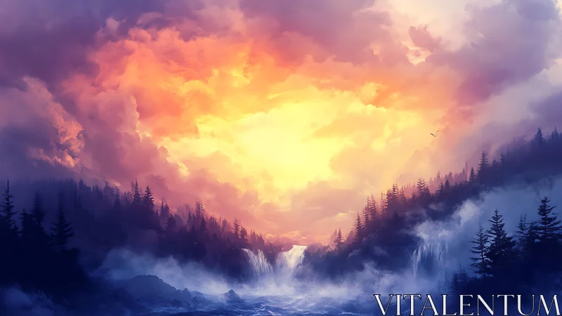 Volumetric sunrise over conifer gorge with cascading waterfalls