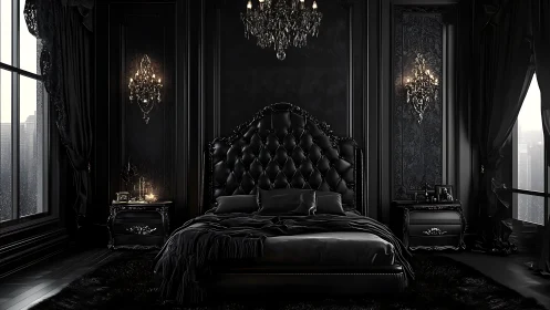 Opulent black bedroom invites quiet, dramatic nighttime comfort