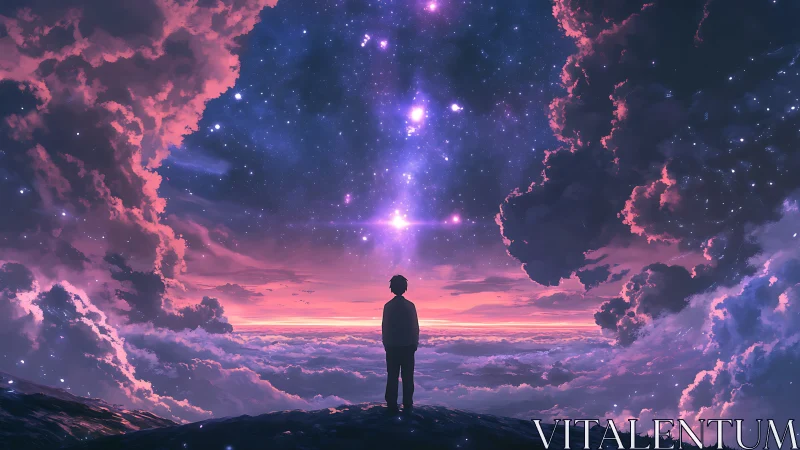 Silhouetted figure studies radiant nebula sky above clouds