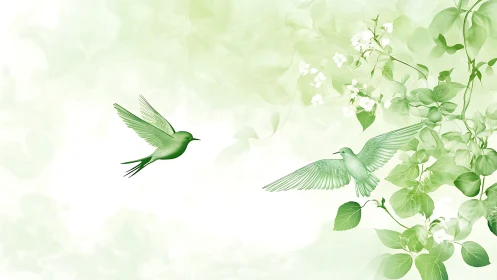 Luminous Hummingbirds in Flight Among Delicate Flowering Vines and Foliage