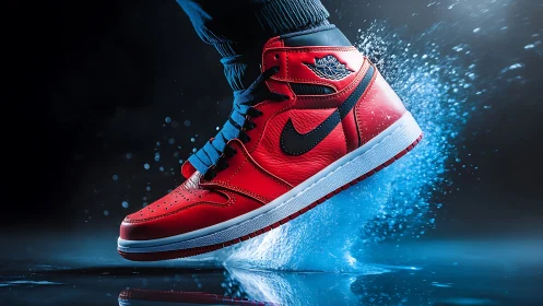 Red sneaker slices through neon water in mid-air freeze frame