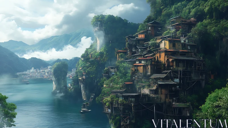 Cliffside jungle settlement over misty emerald bay at dawn.