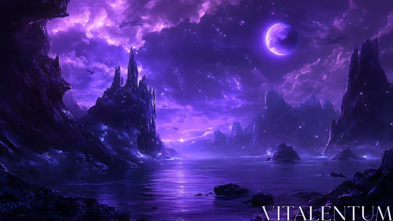 Luminescent alien seascape beneath a glowing violet moon.