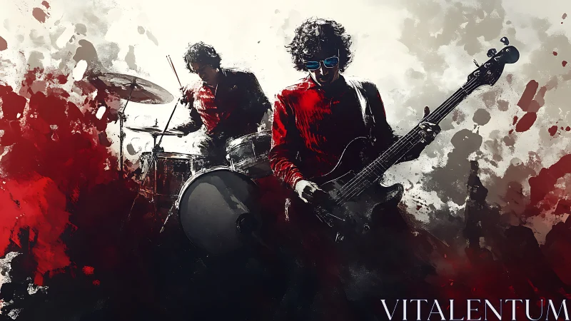 Chromatic splatter study of bassist and drummer in motion.