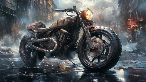 Custom cafe racer stands in neon-lit rain-soaked alleyway.