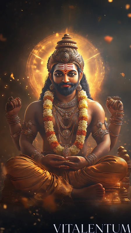Hindu deity figure sits cross-legged before radiant halo