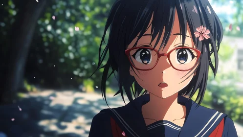 Surprised schoolgirl catches drifting petals in sunlit hush