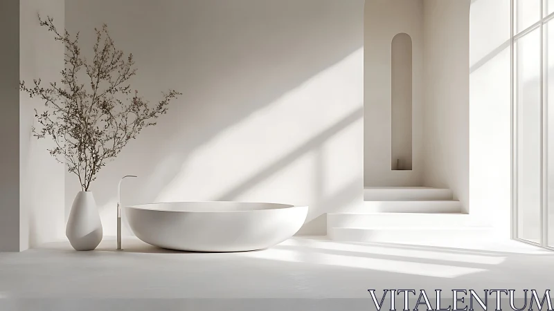 Minimalist freestanding oval tub in sunlit monochrome bathroom